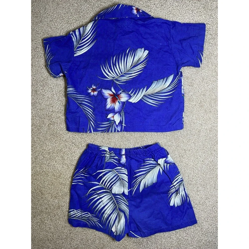 Vintage Nikky Hawaii Kids Blue Tropical Floral Shirt Shorts Set Size 12 Months